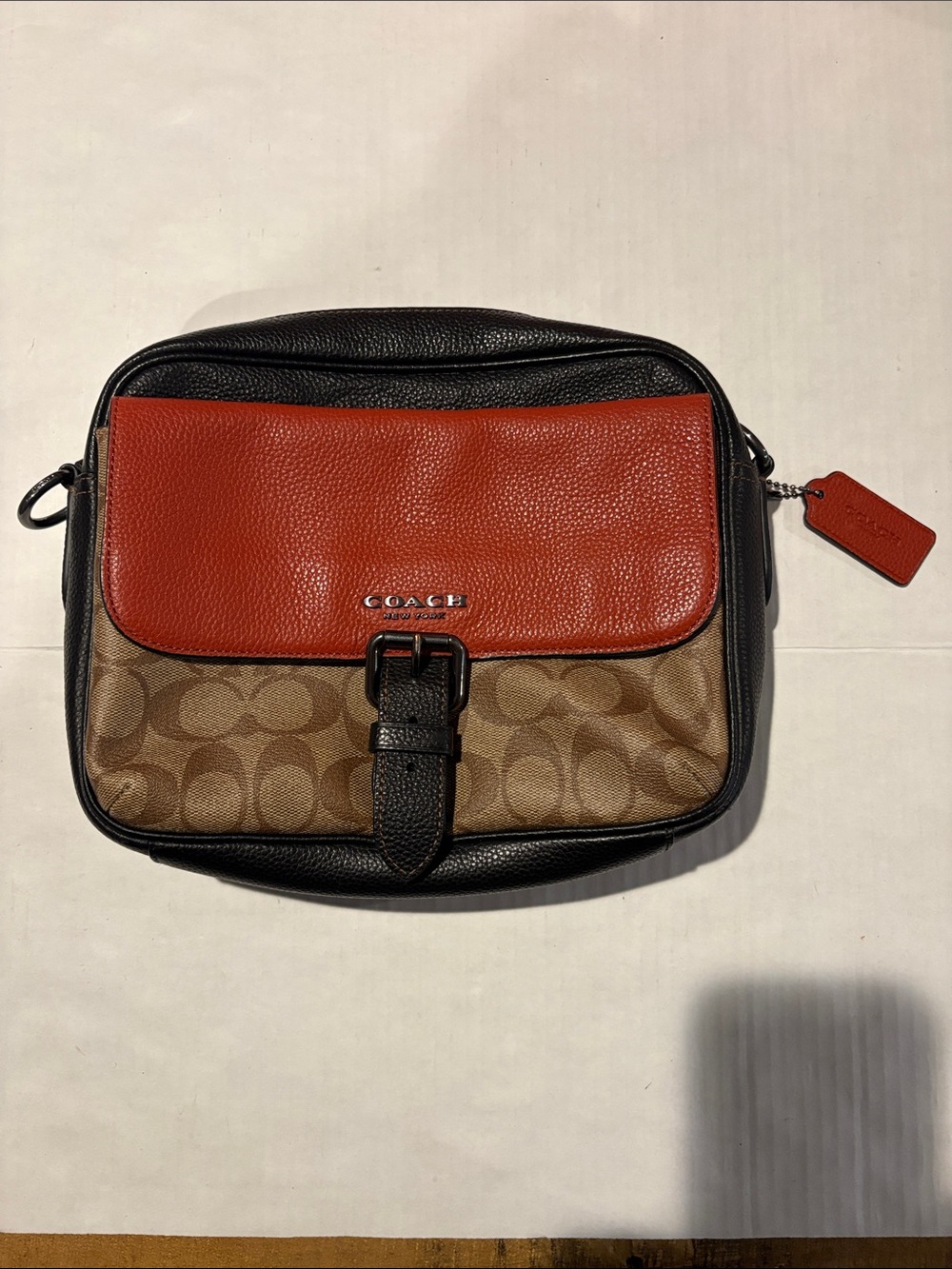 Coach Men's Signature Canvas Messenger Bag with Red Flap
